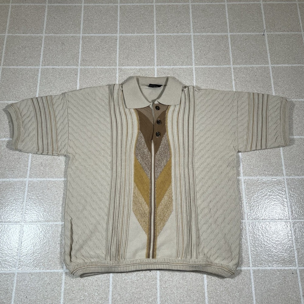 VTG Bergati Coogi Style Sweater Polo Shirt Short Sleeve 90s Mens XL Blue 3D Knit